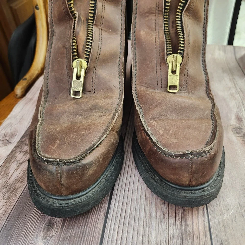 Orvis Mens Brown Leather Shearling Lined Front Zip Moc Toe Boots Size 9